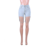 Women Sexy Hollow Out Demin Jacket and Pants Set Metal Chain Sling Blue Jeans Outfit Streetwear Bodycon Short Coat Plus Size 2XL