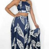 2 Piece Sexy Halter Leaves High Waist Skirt Set