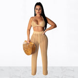 Sexy Casual Outfits Women Backless Top Wide Leg Pants Striped Perspective Hollow Out 2pc Set Knitted Matching Sets Tracksuits