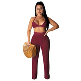 Sexy Casual Outfits Women Backless Top Wide Leg Pants Striped Perspective Hollow Out 2pc Set Knitted Matching Sets Tracksuits