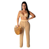 Sexy Casual Outfits Women Backless Top Wide Leg Pants Striped Perspective Hollow Out 2pc Set Knitted Matching Sets Tracksuits