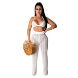 Sexy Casual Outfits Women Backless Top Wide Leg Pants Striped Perspective Hollow Out 2pc Set Knitted Matching Sets Tracksuits