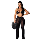 Sexy Casual Outfits Women Backless Top Wide Leg Pants Striped Perspective Hollow Out 2pc Set Knitted Matching Sets Tracksuits