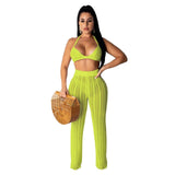 Sexy Casual Outfits Women Backless Top Wide Leg Pants Striped Perspective Hollow Out 2pc Set Knitted Matching Sets Tracksuits