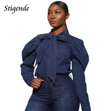 Stigende Women Casual Long Sleeve Bow Tie Denim Blouse Autumn Bandage Pocket Puffy Blouse Fashion Elegant Blue Jean Blouse Shirt
