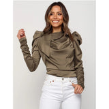Meihuida Fashion Women Satin Blouses Elegant Bow Neck Long Puff Sleeve Solid Shirts Office Lady Elegance Tops S-XL
