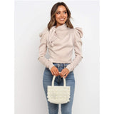 Meihuida Fashion Women Satin Blouses Elegant Bow Neck Long Puff Sleeve Solid Shirts Office Lady Elegance Tops S-XL