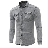 Fashion Men's Casual Long Sleeve Bodycon Wash Vintage Slim Fit Denim Jeans Blouse Shirts Tops Man Streetwear Outfits Clothes