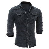 Fashion Men's Casual Long Sleeve Bodycon Wash Vintage Slim Fit Denim Jeans Blouse Shirts Tops Man Streetwear Outfits Clothes