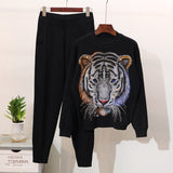 Long Sleeve TWO PIECE SET Embroidery Women Tracksuit Sequin Tiger Head Animal 2 Piece Set Jogger Pants Hipsters Leisure Suit 2pc