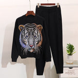 Long Sleeve TWO PIECE SET Embroidery Women Tracksuit Sequin Tiger Head Animal 2 Piece Set Jogger Pants Hipsters Leisure Suit 2pc