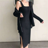EACHIN Women Suits Clothing Knitted Mid-Calf Long Sleeve Strap Dress and Cardigan 2 Piece Set Female Outfits Knit Sweat Suit Set