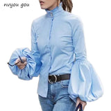 Long Wide Lantern Sleeve Blue Blouse Women Button Down Blouses Shirts Female 2019 Autumn Winter Fashion Tops Turtleneck