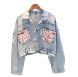 Hole Jean Jacket Women 2020 New Spring Short Sequin Denim Jacket  Women Frayed Denim Bomber Jacket Splice Unique Female Jacket