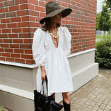 OOTN Deey V Neck Sexy Black Dress Women Puff Sleeve A Line Ladies Dress High Waist Casual Elegant Autumn Winter White Dresses
