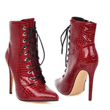 Sexy Ankle Cowboy Boots For Women Shoes Fashion Snake Red White Boots Women Lace Up High Heel Short Boot Autumn Large Size 46 48