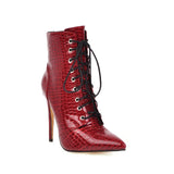 Sexy Ankle Cowboy Boots For Women Shoes Fashion Snake Red White Boots Women Lace Up High Heel Short Boot Autumn Large Size 46 48