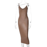 Dulzura Pu Faux Leather Women Slit Midi Dress Strap V Neck Backless Bodycon Sexy Streetwear Party Elegant Autumn Winter Club