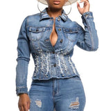Blue Beaded Distressed Denim Jacket