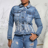 Blue Beaded Distressed Denim Jacket