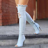 Women Boots 2020 Denim Over The Knee Boots Women High Heels Women Shoes Peep Toe Tassel Jean Boot Ladies Shoes