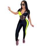 Zoctuo Mesh See Through Sexy Club Jumpsuits for Women Zipper  Romper Fashion Short Sleeve Patchwork Women Sexy Jumpsuit Clubwear