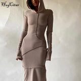 Hugcitar 2020 Long Sleeve Hooded Patchwork Skinny Maxi Dress Autumn Winter Women Fashion Streetwear Casual Outfits