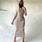 Hugcitar 2020 Long Sleeve Hooded Patchwork Skinny Maxi Dress Autumn Winter Women Fashion Streetwear Casual Outfits