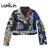 LORDLDS Leather Jacket Women Graffiti Colorful Print Biker Jackets and Coats PUNK Streetwear Ladies Clothes