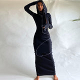 Hugcitar 2020 Long Sleeve Hooded Patchwork Skinny Maxi Dress Autumn Winter Women Fashion Streetwear Casual Outfits