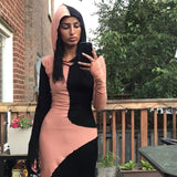 Hugcitar 2020 Long Sleeve Hooded Patchwork Skinny Maxi Dress Autumn Winter Women Fashion Streetwear Casual Outfits