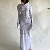 Hugcitar 2020 Long Sleeve Hooded Patchwork Skinny Maxi Dress Autumn Winter Women Fashion Streetwear Casual Outfits