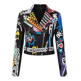 Spring and Autumn Punk Faux Leather Jacket  Women Graffiti Studded Rivet Fashion Streetwear Motorcycle Coat