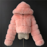 Fashion Autumn Winter High Quality Faux Fox Fur Coat Women 2020 Vintage Long Sleeve with Cap Slim Short Jackets Furry Coat Femme