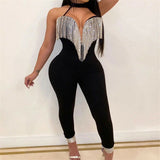 Fashion Women Sexy Solid Color Sleeveless Deep V neck Tassel Skinny Slim Jumpsuit Romper Playsuit Clubwear Outfit