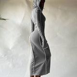 Hugcitar 2020 Long Sleeve Hooded Patchwork Skinny Maxi Dress Autumn Winter Women Fashion Streetwear Casual Outfits