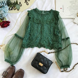 Neploe Mesh Perspective Sleeve Blusas Lace Flower Vintage Grace Women Blouse 2021 Spring Autumn New Fashion Elegant Shirt 69276