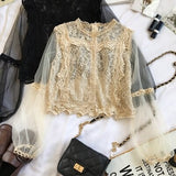 Neploe Mesh Perspective Sleeve Blusas Lace Flower Vintage Grace Women Blouse 2021 Spring Autumn New Fashion Elegant Shirt 69276
