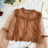 Neploe Mesh Perspective Sleeve Blusas Lace Flower Vintage Grace Women Blouse 2021 Spring Autumn New Fashion Elegant Shirt 69276