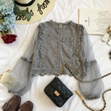 Neploe Mesh Perspective Sleeve Blusas Lace Flower Vintage Grace Women Blouse 2021 Spring Autumn New Fashion Elegant Shirt 69276