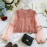 Neploe Mesh Perspective Sleeve Blusas Lace Flower Vintage Grace Women Blouse 2021 Spring Autumn New Fashion Elegant Shirt 69276