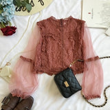 Neploe Mesh Perspective Sleeve Blusas Lace Flower Vintage Grace Women Blouse 2021 Spring Autumn New Fashion Elegant Shirt 69276