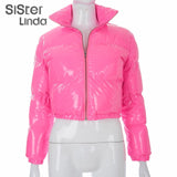 Sisterlinda Faux PU Leather Y2K Bubble Coats Puffer Winter Warm Jacket Women Long Sleeve Outerwear Zip Casual Street Slim Parkas