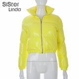 Sisterlinda Faux PU Leather Y2K Bubble Coats Puffer Winter Warm Jacket Women Long Sleeve Outerwear Zip Casual Street Slim Parkas
