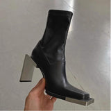 DEAT 2021 New Autumn Winter Fashion Casual High Heel Back Zipper Square Head Strange Style Thin Leather Shoes Women Boots SG112