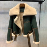 HWLZLTZHT Winter Leather Jacket Women Locomotive Coat Ladies Slim Short Motorcyle Biker Jacket Basic Warm Plush Lapel Outerwear