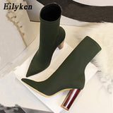 EilyKen Women Autumn Winter Shoes Fashion Flock Solid Pointed Toe Transparent Crystal Square Heel Female Slip On Ankle Boots