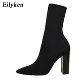 EilyKen Women Autumn Winter Shoes Fashion Flock Solid Pointed Toe Transparent Crystal Square Heel Female Slip On Ankle Boots