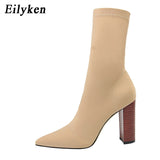 EilyKen Women Autumn Winter Shoes Fashion Flock Solid Pointed Toe Transparent Crystal Square Heel Female Slip On Ankle Boots