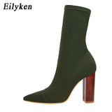 EilyKen Women Autumn Winter Shoes Fashion Flock Solid Pointed Toe Transparent Crystal Square Heel Female Slip On Ankle Boots